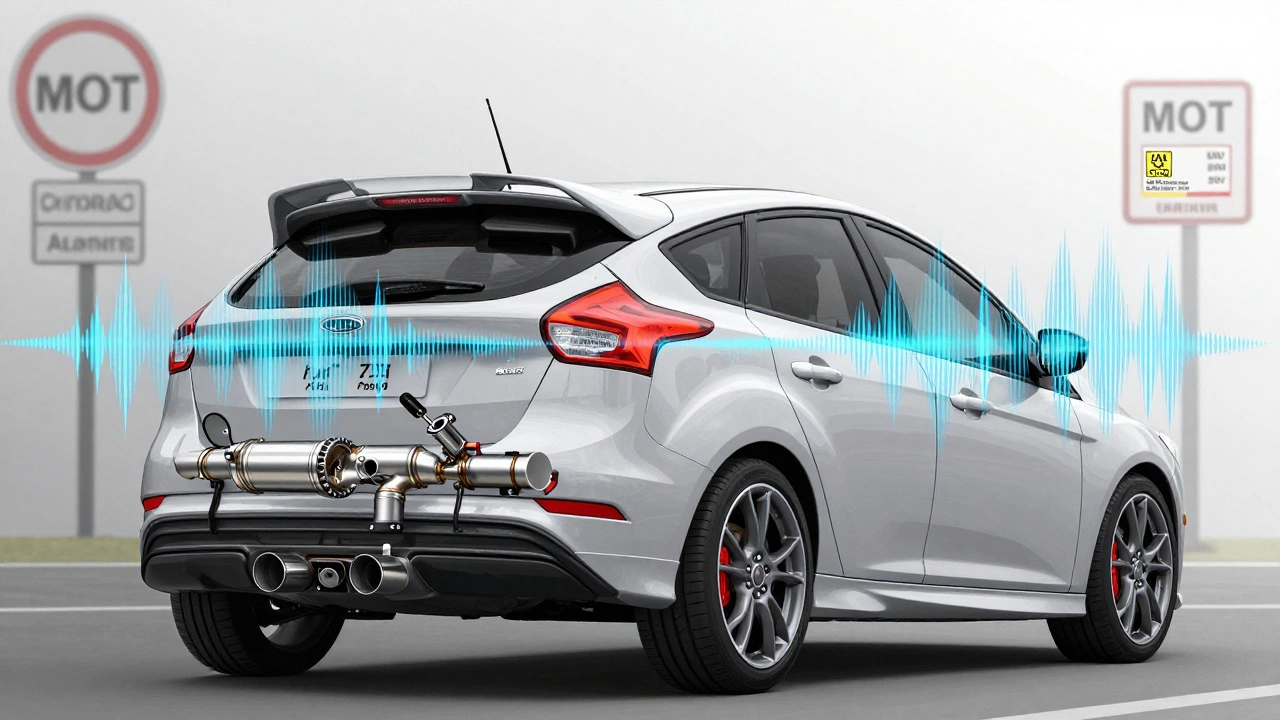 Performance exhaust with sound waves on a Ford Focus ST near UK road signs and MOT sticker.