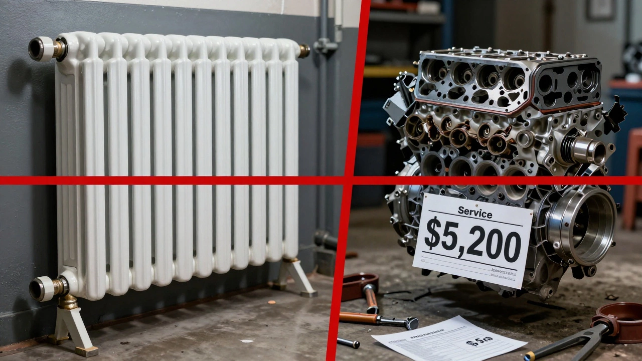 Side-by-side comparison of a new radiator replacement versus a destroyed engine.