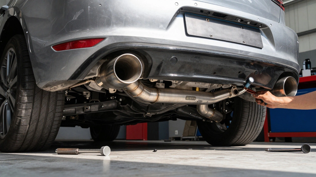 A technician installing a stainless steel exhaust system under a lifted Volkswagen GTI in a garage.