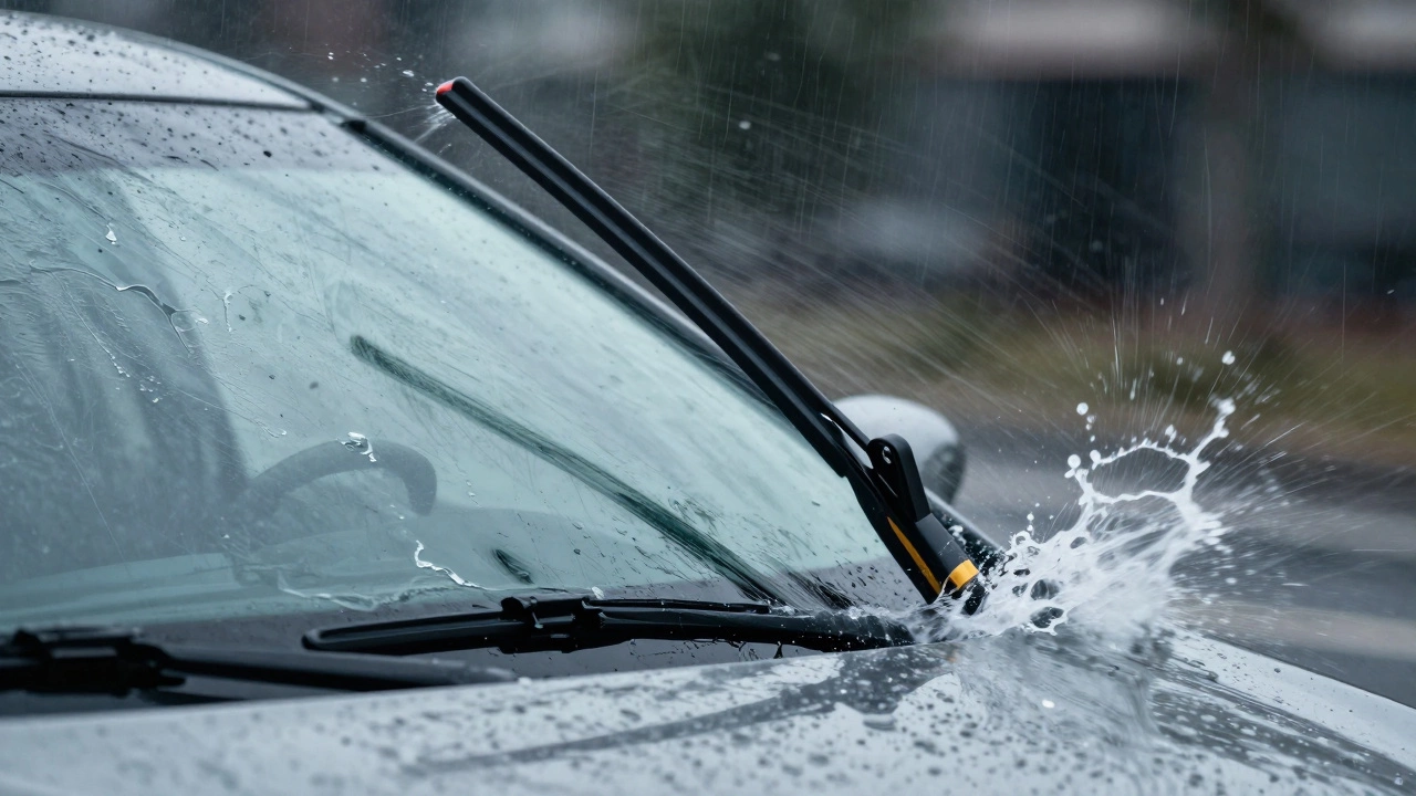 A wiper blade lifting off a windshield at high speed due to improper size, with water splashing across uncovered glass.