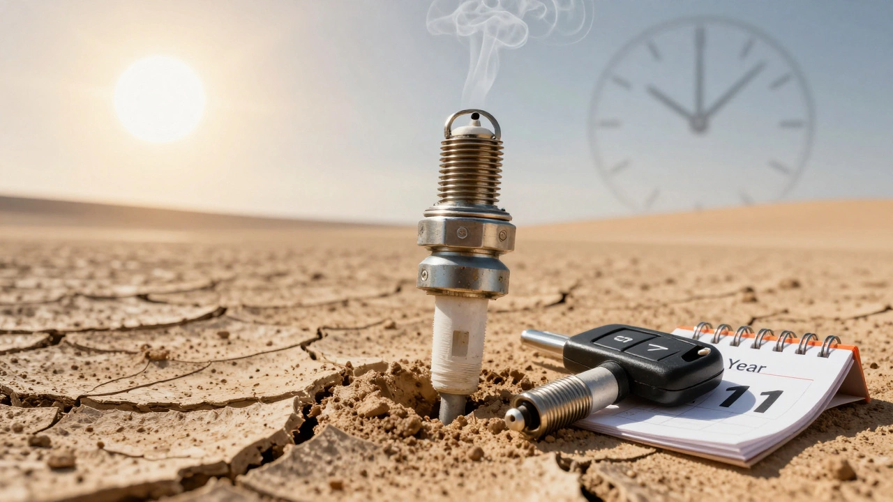 A worn spark plug in dry soil next to a new one and a car key, with a calendar showing year 11.