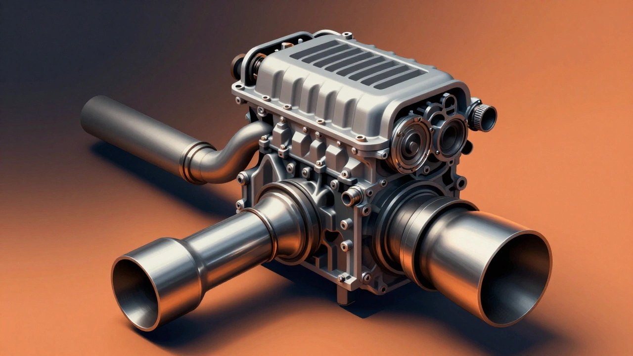 An engine with smooth exhaust flow contrasted against a restricted stock system in dramatic lighting.