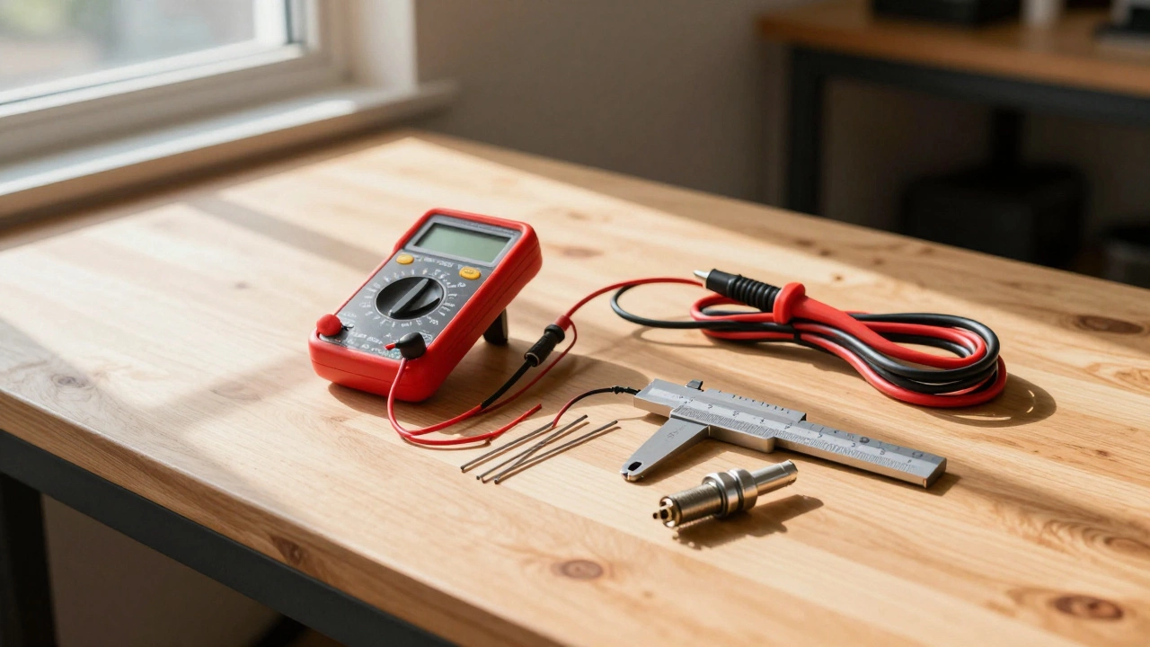 Automotive diagnostic tools including multimeter and spark tester on bench.