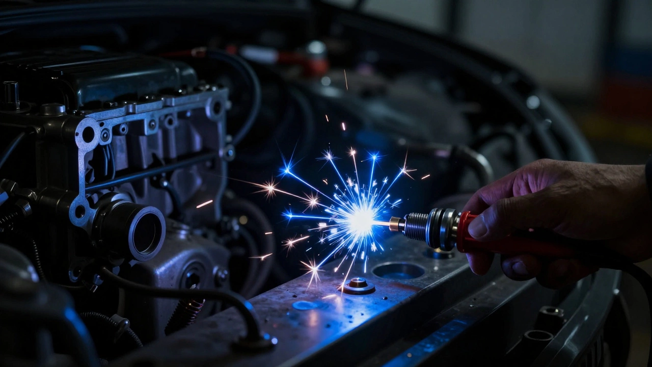 Bright blue spark arc visible during a spark plug strength test procedure.