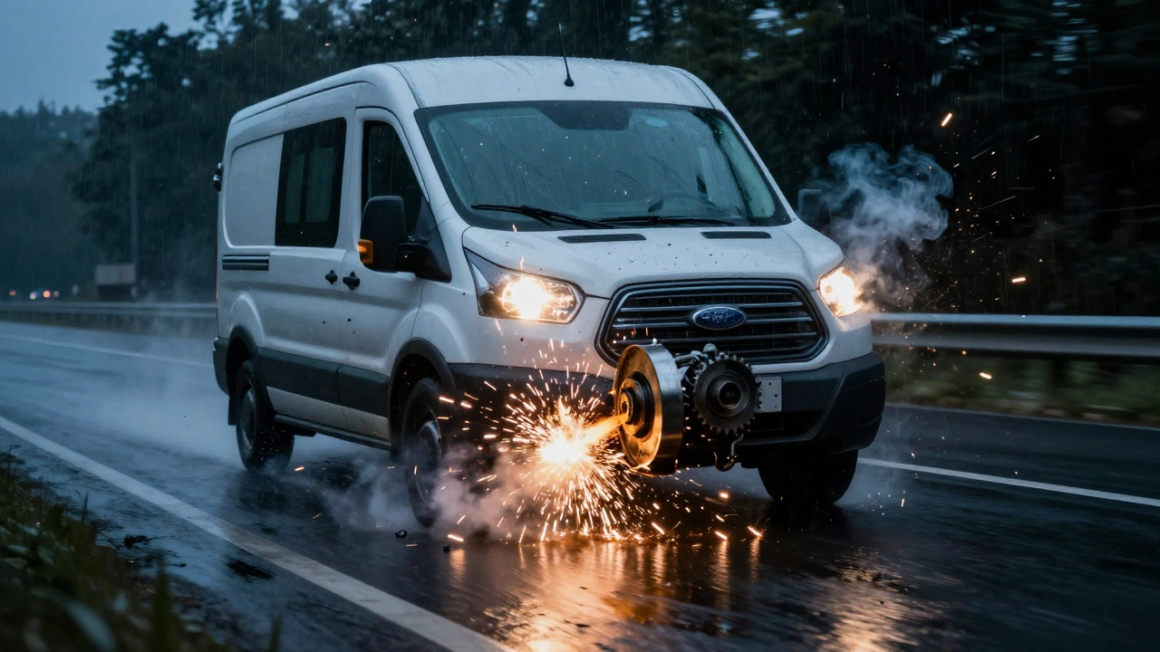 Car exploding with metal debris from a shattered flywheel on a motorway.