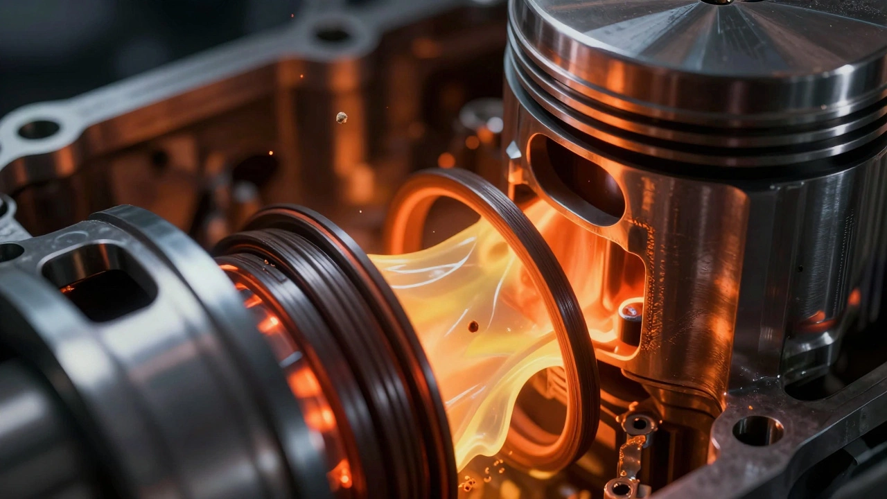 Close-up of engine piston with friction heat glow.