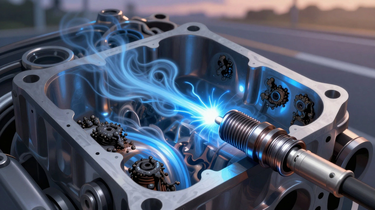 Cross-section of a car engine with a spark plug firing, showing electrode wear and fuel combustion.