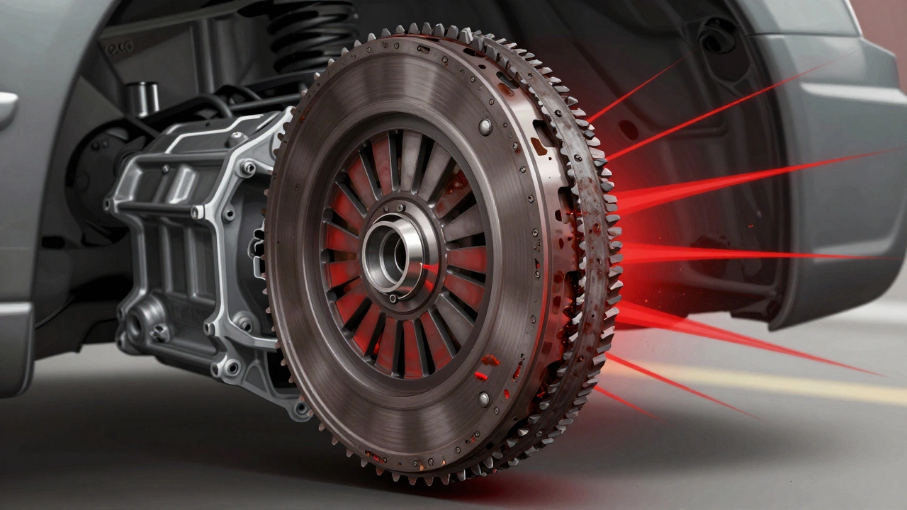 Cross-section of a failing flywheel and clutch disc grinding unevenly.