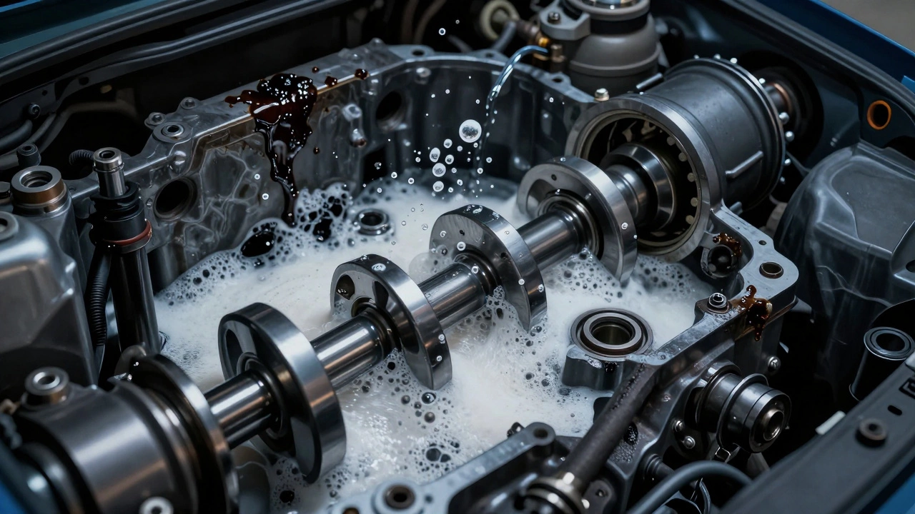 Engine internals showing oil foaming from overfilling, disrupting lubrication to critical parts.