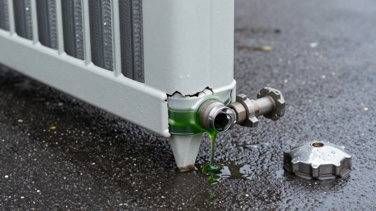 Green coolant dripping from a cracked plastic radiator tank onto a wet driveway.