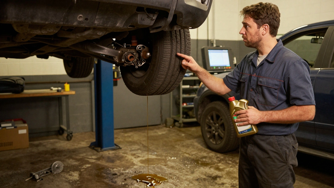 Mechanic identifying oil leak under car while driver holds empty oil bottle.