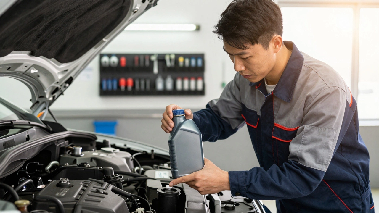 Mechanic verifying oil type before pouring into engine.
