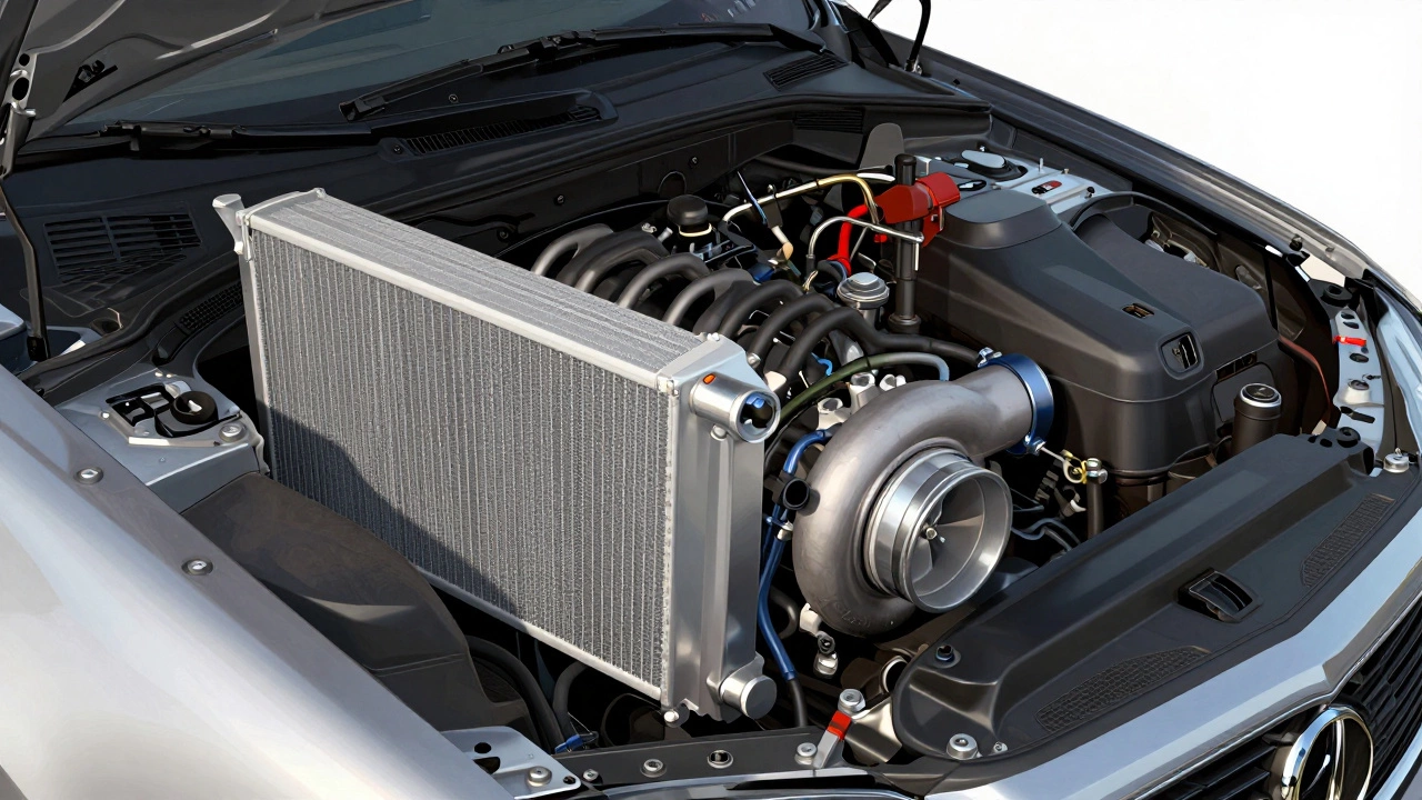 Modern engine bay with a small radiator and integrated heat exchangers for turbo and transmission