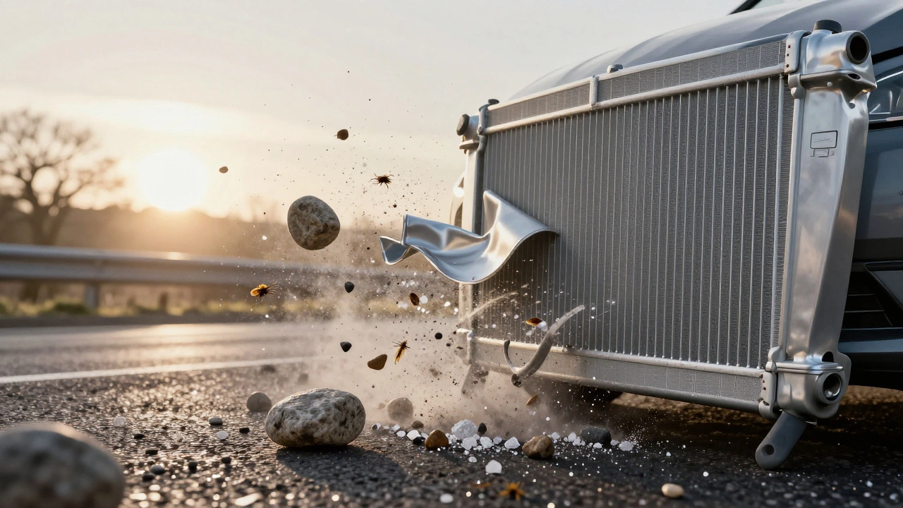 Radiator fins damaged by road debris and salt crystals under winter sunlight.