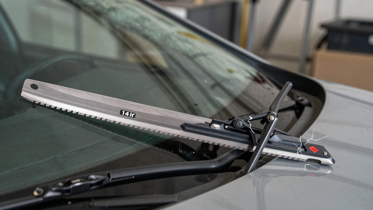 Side-by-side comparison of a properly fitted wiper blade versus a mismatched one causing overhang, lift-off, and bent arm.