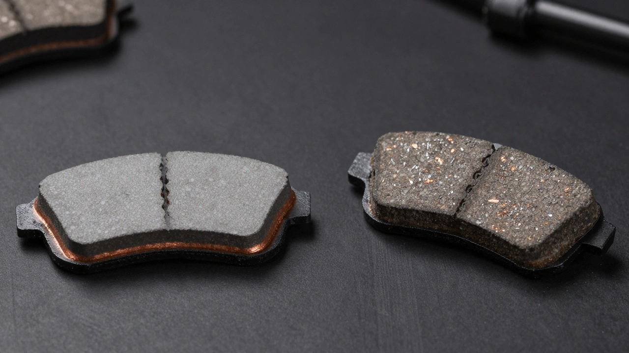 Side by side comparison of smooth ceramic and gritty metallic brake pads.
