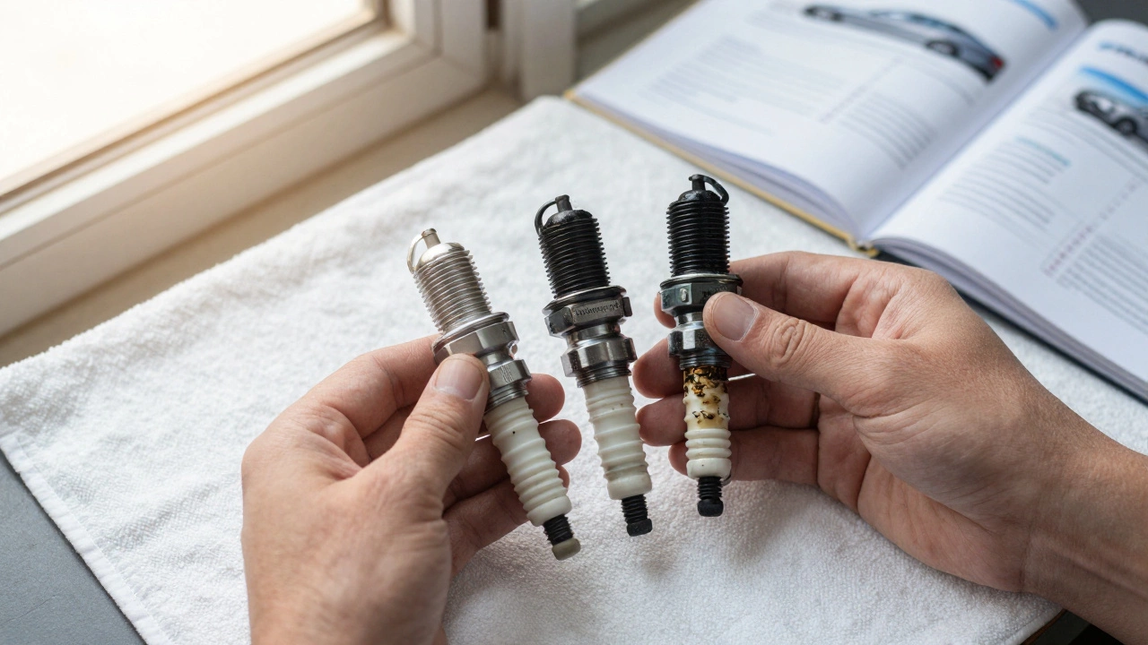 Three spark plugs side by side showing different conditions of wear and damage.