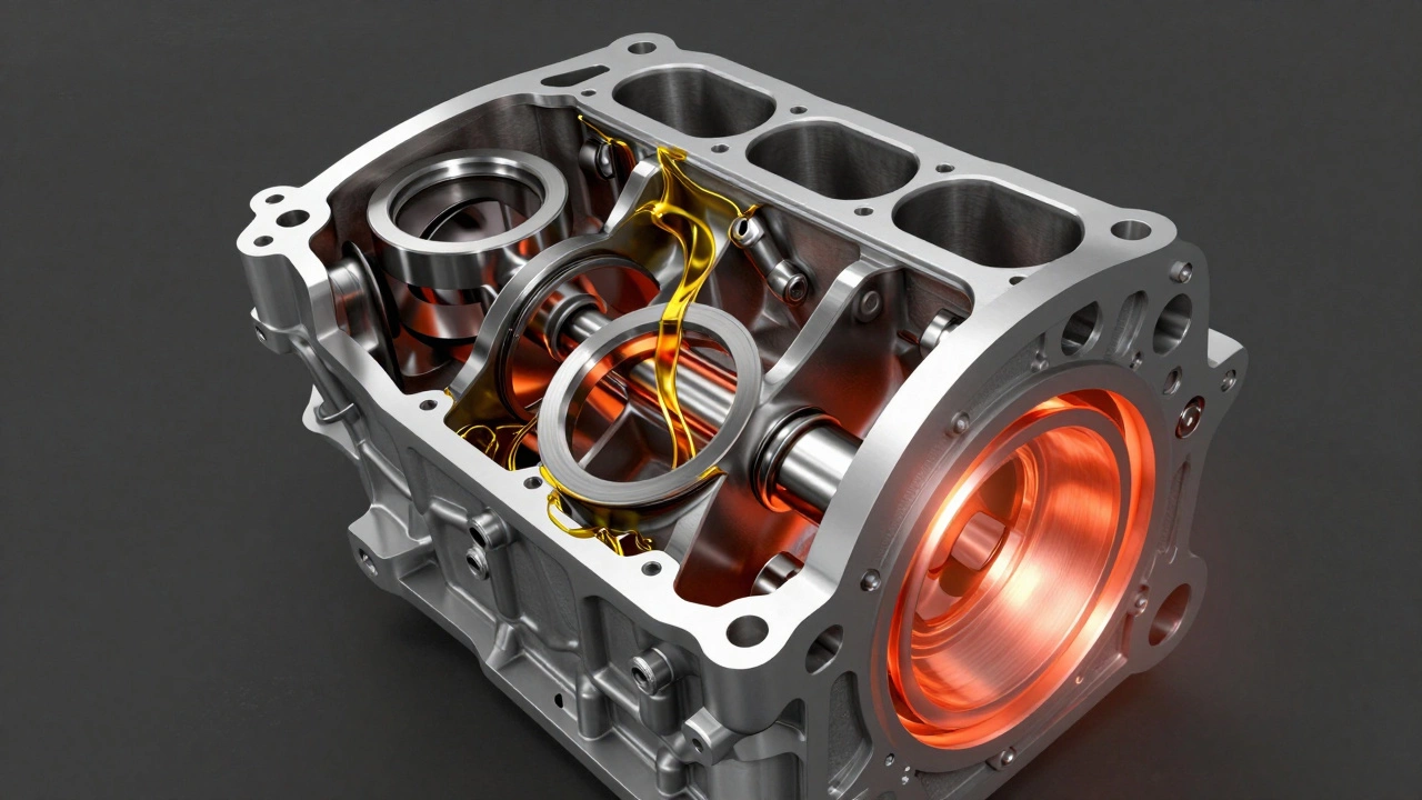 3D cross-section of an engine showing friction and heat due to low oil levels.