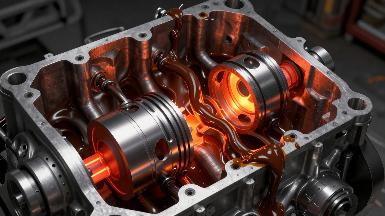 3D cross-section of an engine showing overheating pistons and thick oil sludge buildup.
