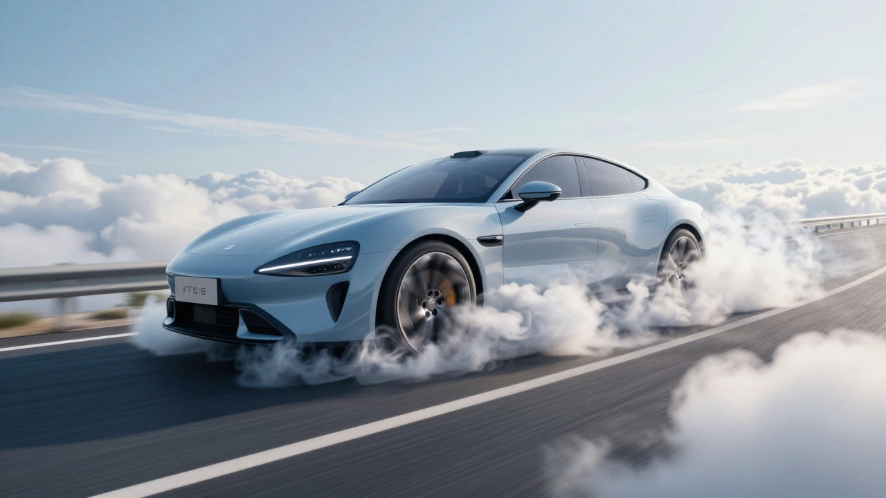 A car driving on a road that turns into white clouds, symbolizing a smooth ride.
