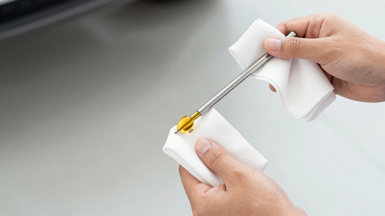 A hand holding a dipstick showing low honey-gold oil levels.