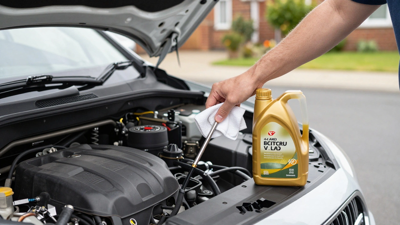 A person using a dipstick to check the engine oil level of a car with a bottle of oil nearby.