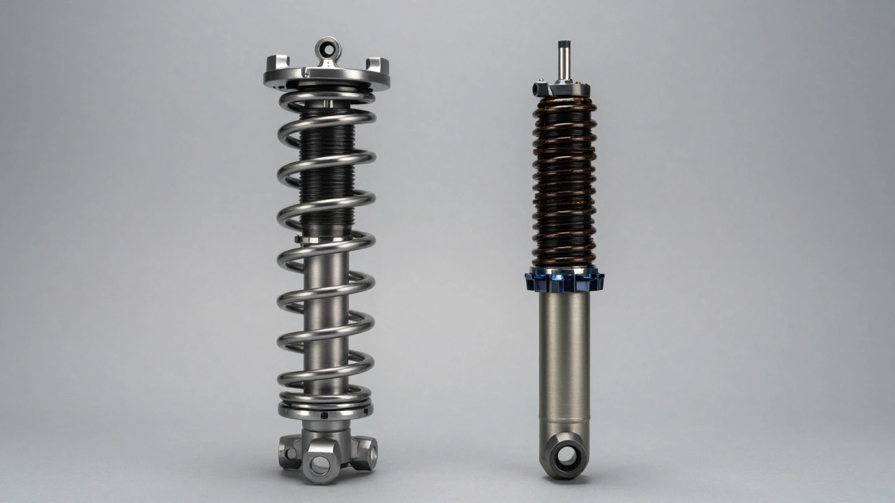 A professional studio shot of a car shock absorber and a metal coil spring.