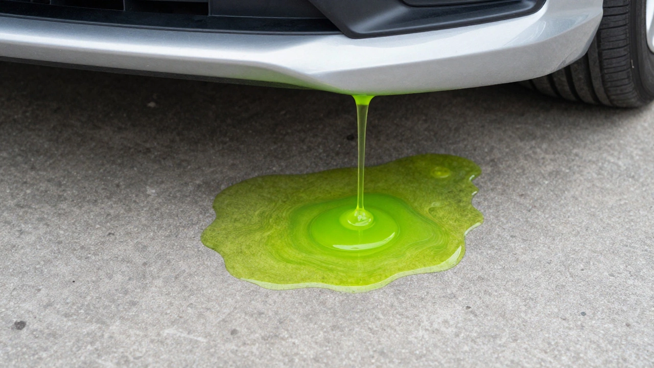 Bright neon-green coolant leaking in a puddle on a grey concrete surface