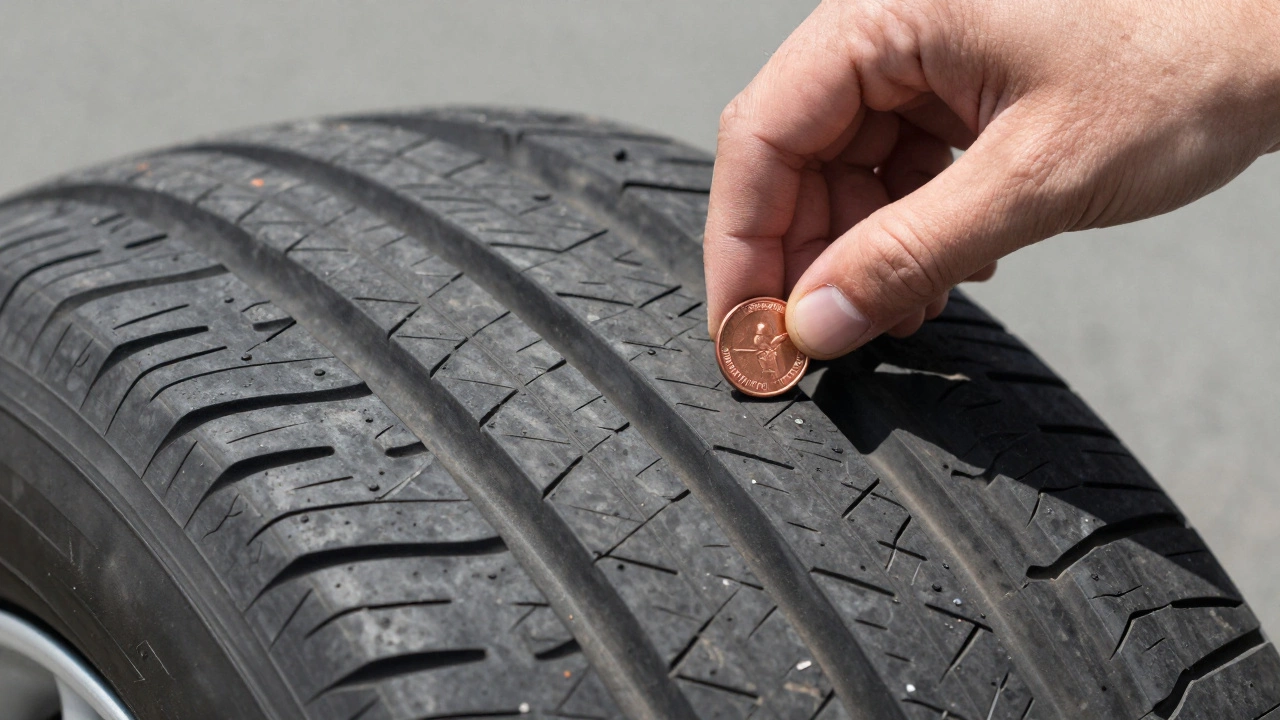 Close-up of a penny being used to check the tread depth of a car tire