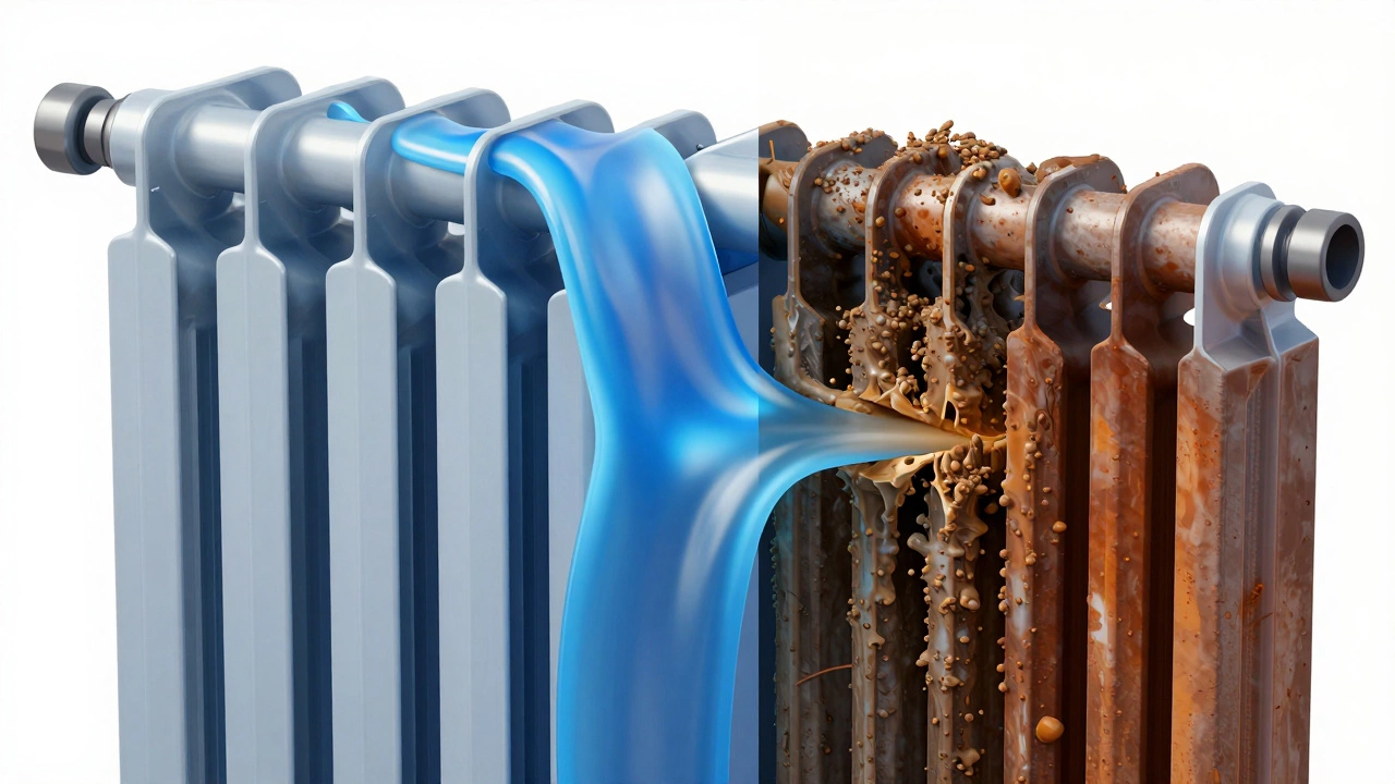 Comparison of a clean radiator core versus one clogged with brown mineral sludge