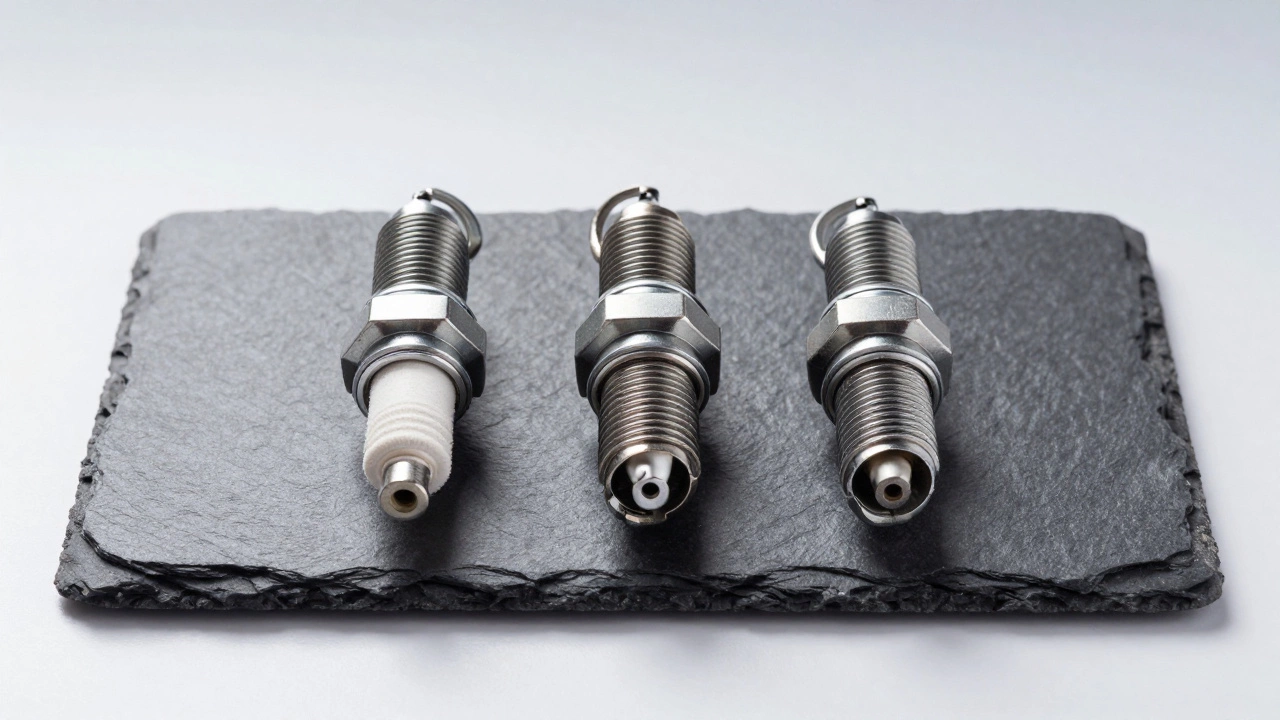 Comparison of copper, platinum, and iridium spark plugs on a polished slate background