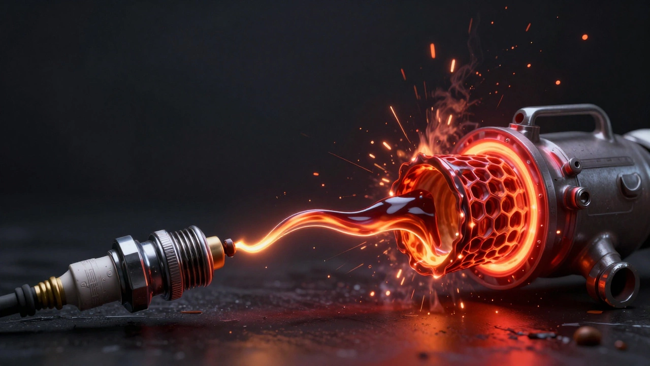 Conceptual visualization of unburnt fuel causing a catalytic converter to overheat and melt