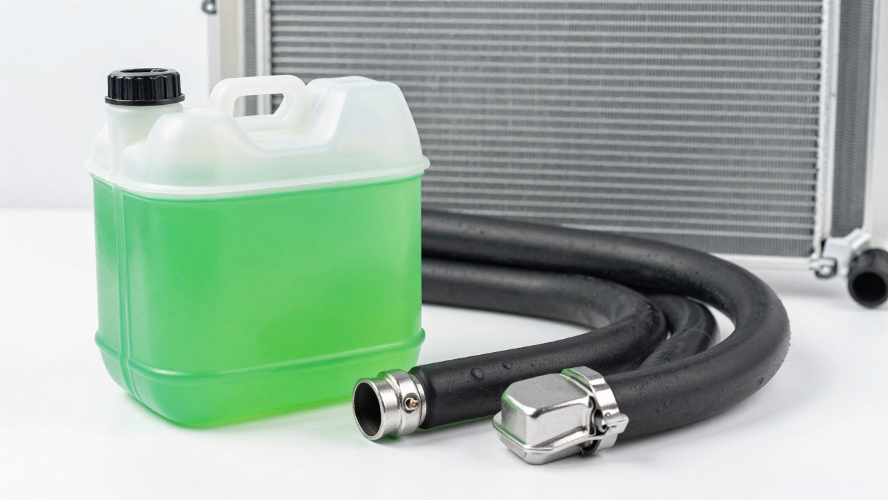 Coolant reservoir with green fluid, radiator hoses, and a metal cap on a white background