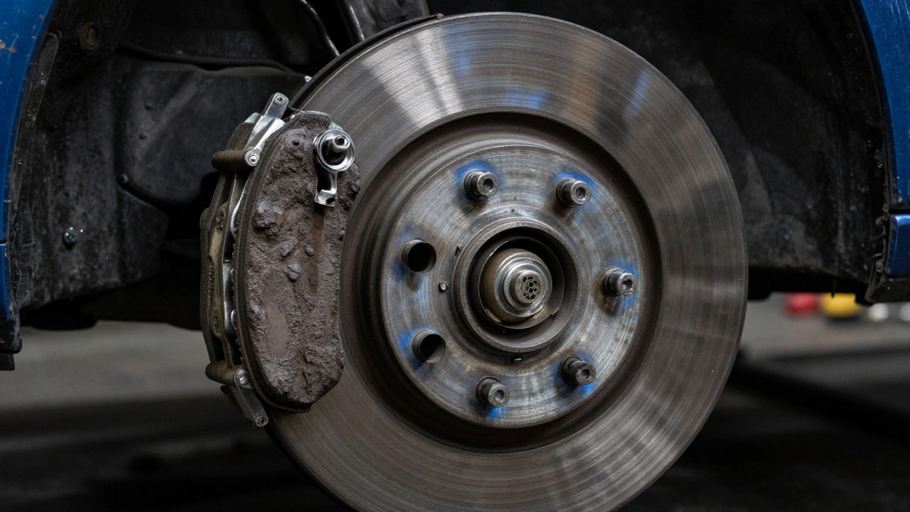 Detailed view of a scored and overheated brake rotor with deep circular grooves.