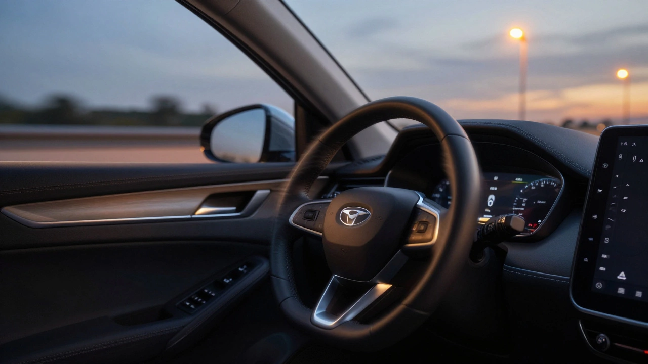Driver's view of a vibrating steering wheel on a highway at dusk.