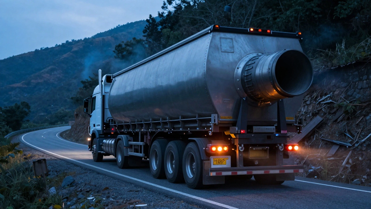 Heavy-duty truck with a 5-inch exhaust towing a large trailer up a mountain.