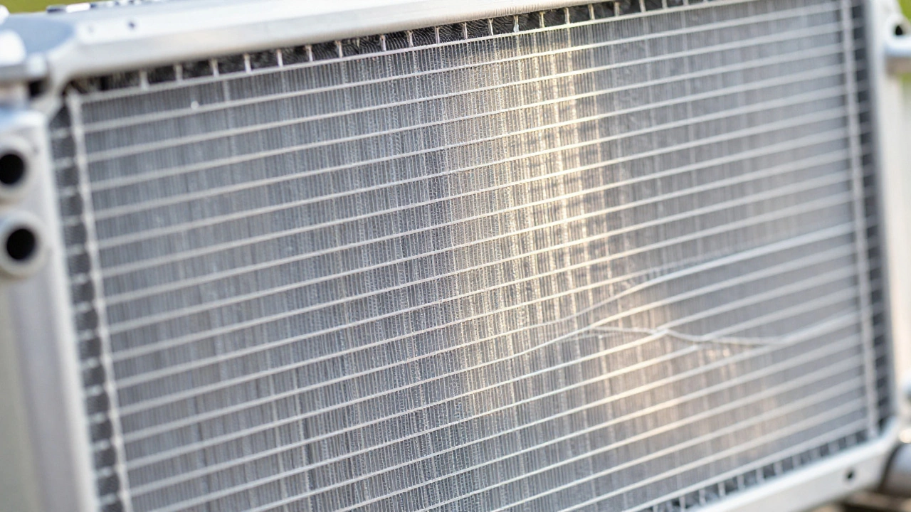 Macro close-up of silver aluminum radiator fins and cooling tubes
