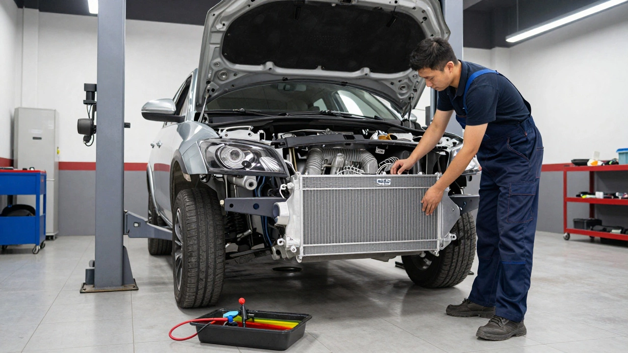 Mechanic installing a new radiator in a professional auto repair shop with the bumper removed