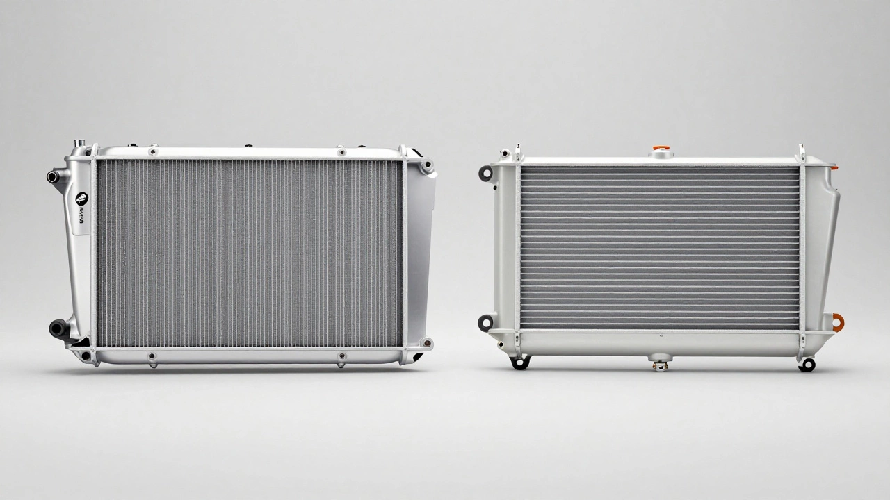 Side-by-side comparison of an OEM and an aftermarket car radiator on a grey background