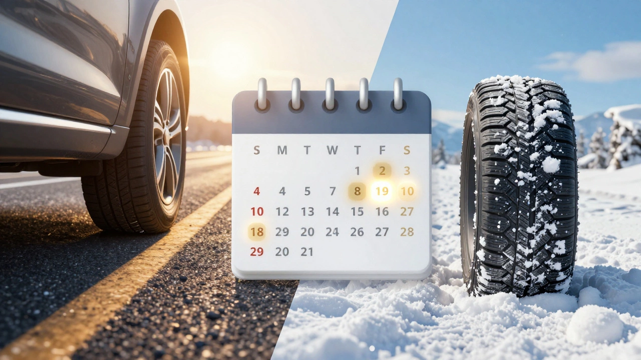 Split screen showing summer and winter tires with a calendar highlighting August and March