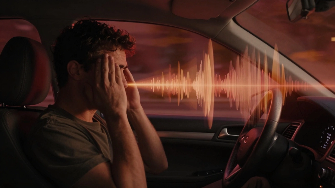Stressed driver in a car cabin surrounded by vibrating red sound waves