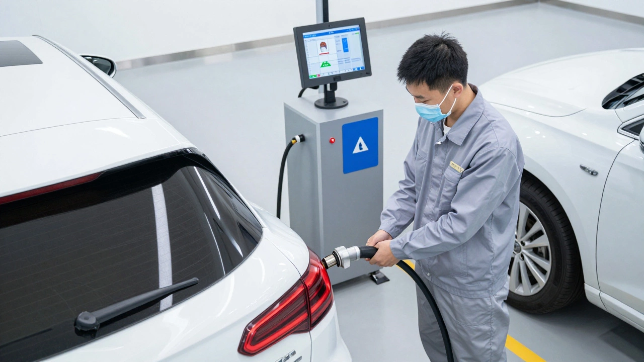 Technician performing an emissions test on a car tailpipe in a service center