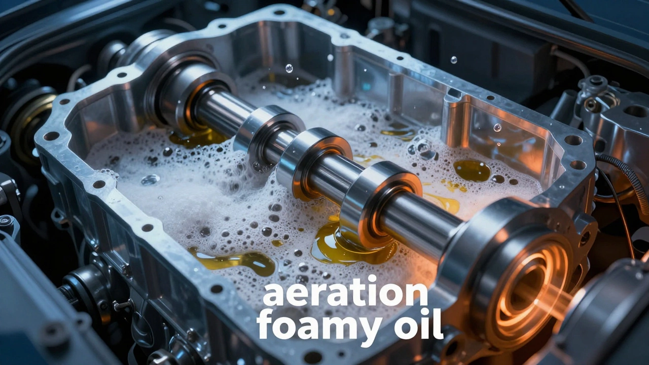 3D render showing foamy oil damaging a car engine due to overfilling