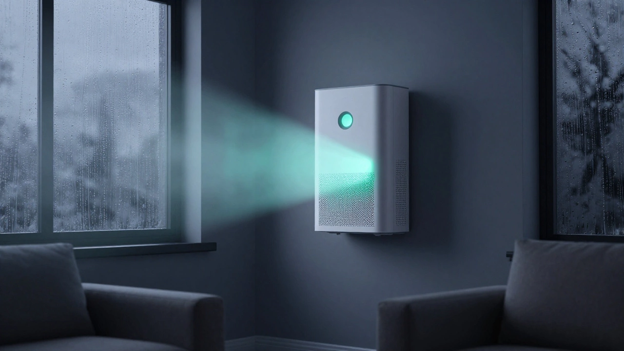 Air purifier emitting faint ozone glow in a humid rainy room
