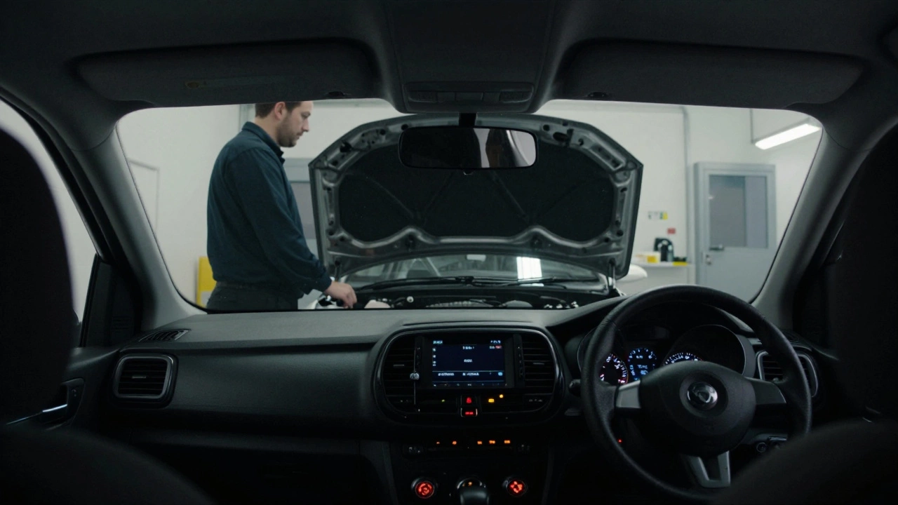 Car undergoing an MOT noise inspection with a tester listening to the engine