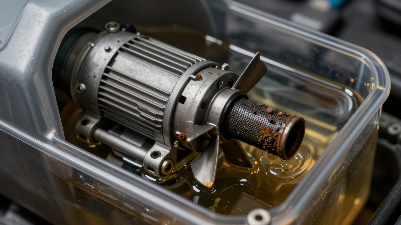 Clogged fuel pump filter inside tank close-up