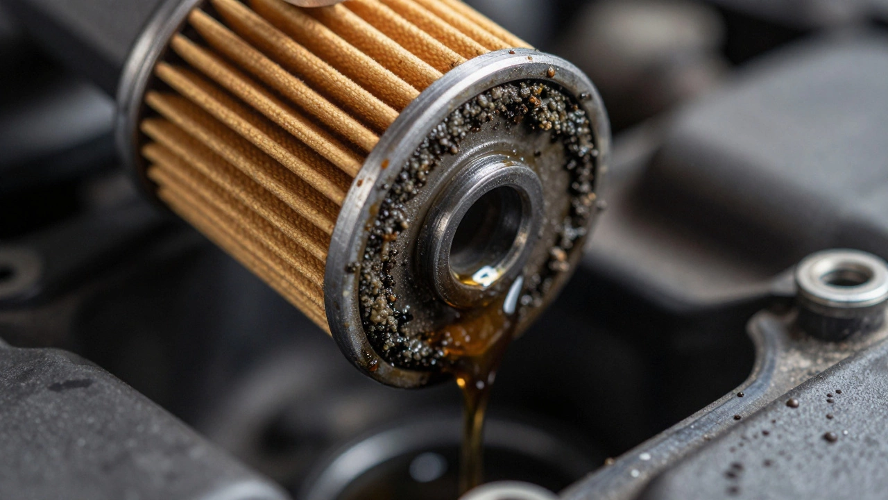 Close-up of contaminated oil and sludge from an engine filter, highlighting the deposits that synthetic detergents can dissolve and potentially cause leaks.