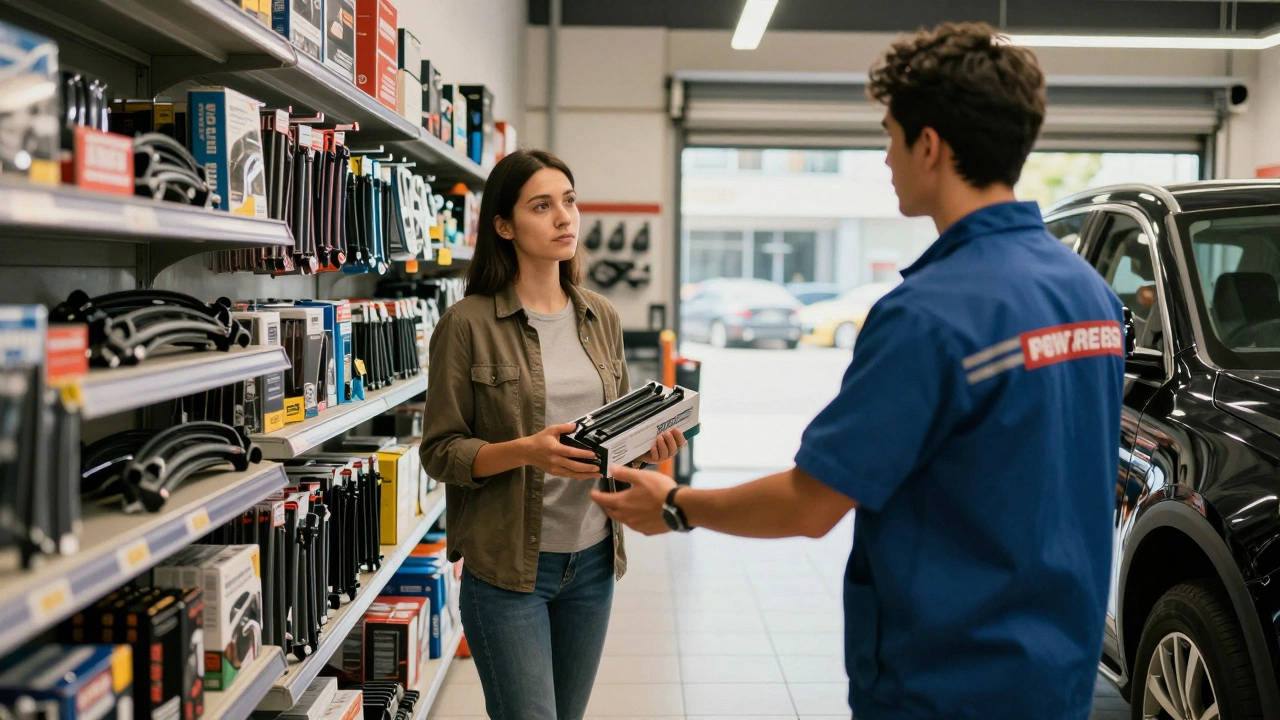 Customer receiving help at an auto parts store service counter