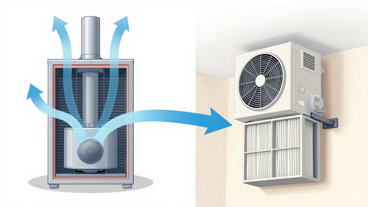 Diagram comparing central furnace filtration with ERV ventilation system.