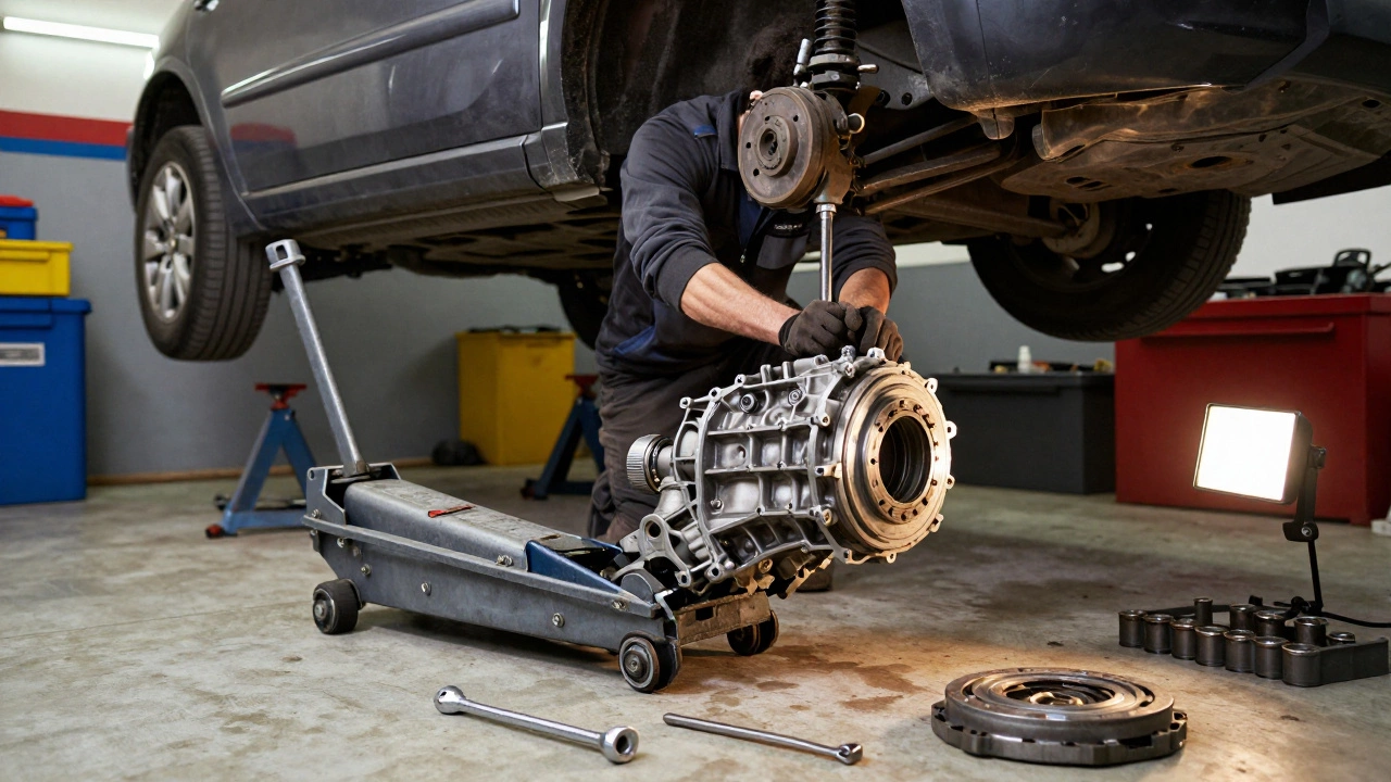 DIY mechanic lowering a transmission with a jack in a home garage